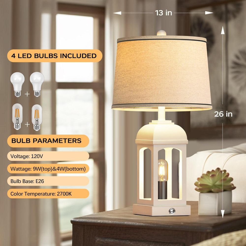 Rustic Farmhouse Table Lamps Set of 2 – USB A+C, Built-in Nightlight, 3-Way Dimmable Touch Lamp